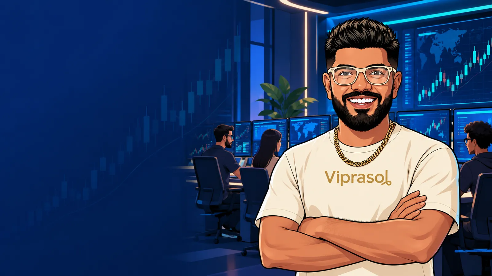 Viprasol’s illustrated engineer in a trading development studio